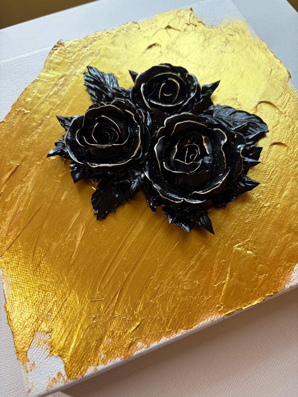 8x8 Black Trio of roses with gold