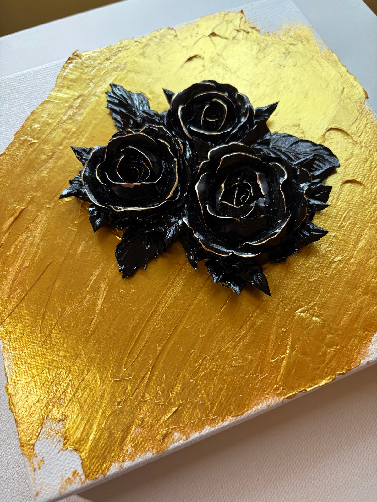 8x8 Black Trio of roses with gold