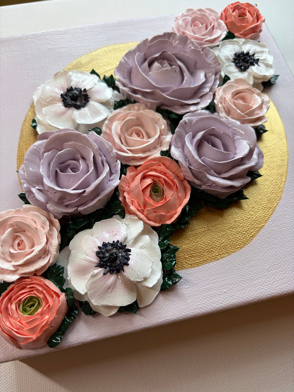 8x8 Rose, ranunculus and anemone bunch with gold