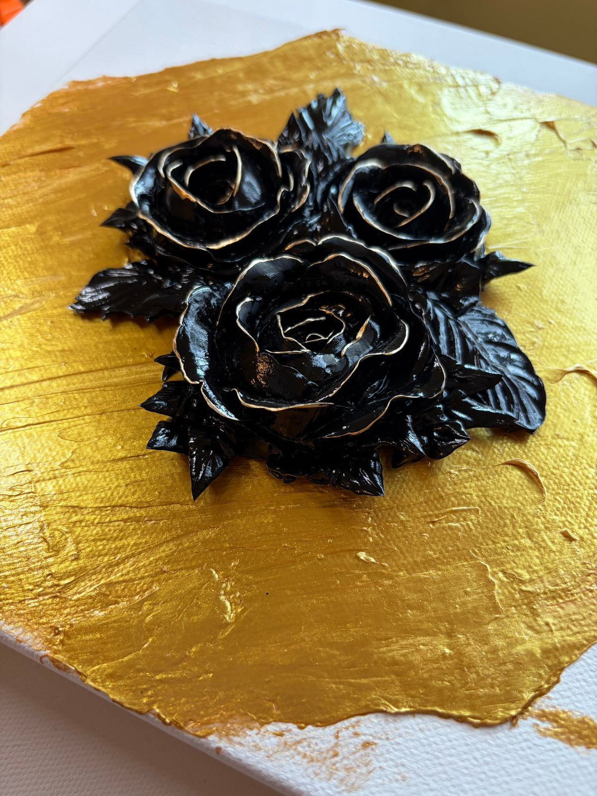 8x8 Black Trio of roses with gold