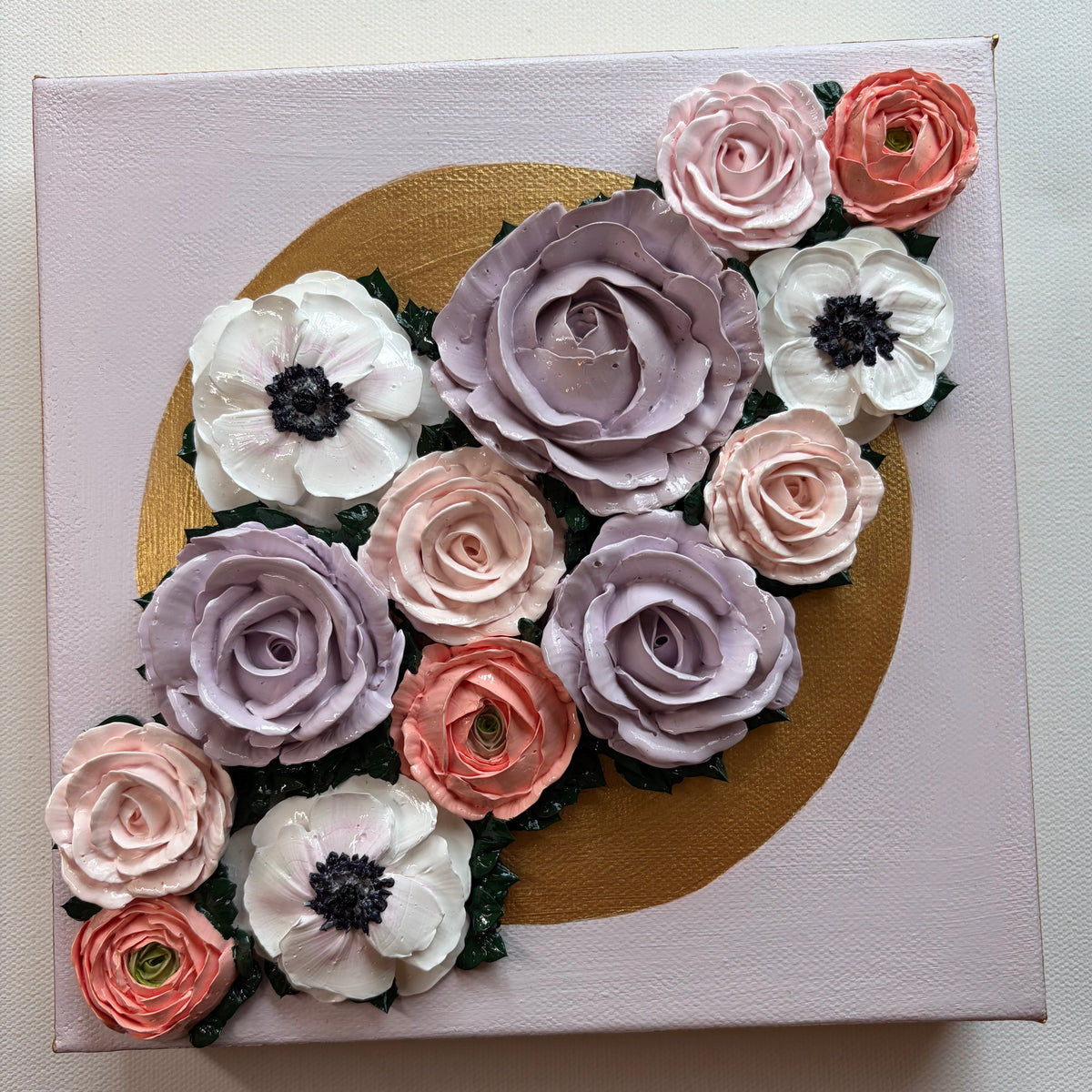 8x8 Rose, ranunculus and anemone bunch with gold