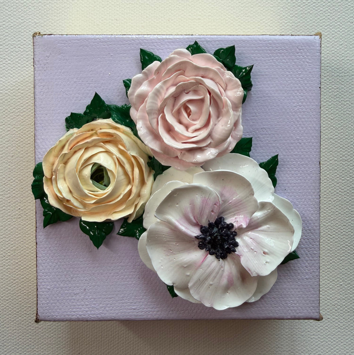 4x4 inch Rose, Ranunculus & Anemone on Pale Violet with Gold Edges