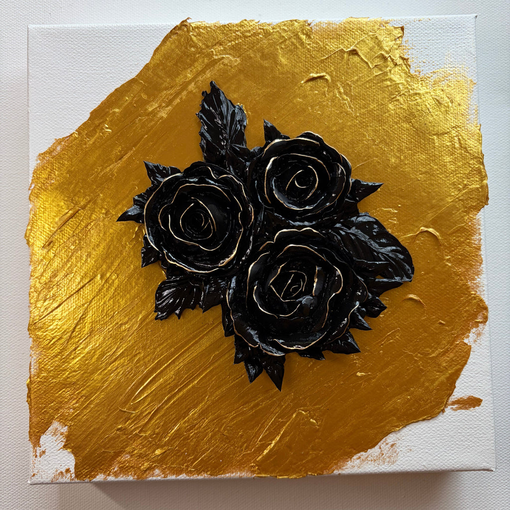 8x8 Black Trio of roses with gold