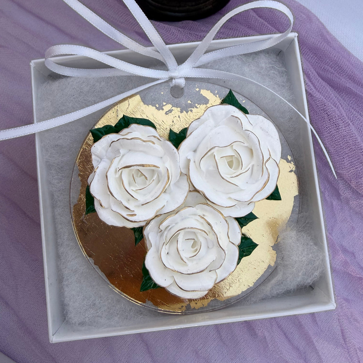 Ornaments: White Rose Trio with Gold Accents on Gold